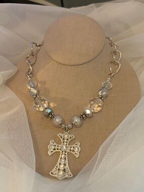 Silver Crystal Cross Statement Necklace - Women Jewelry